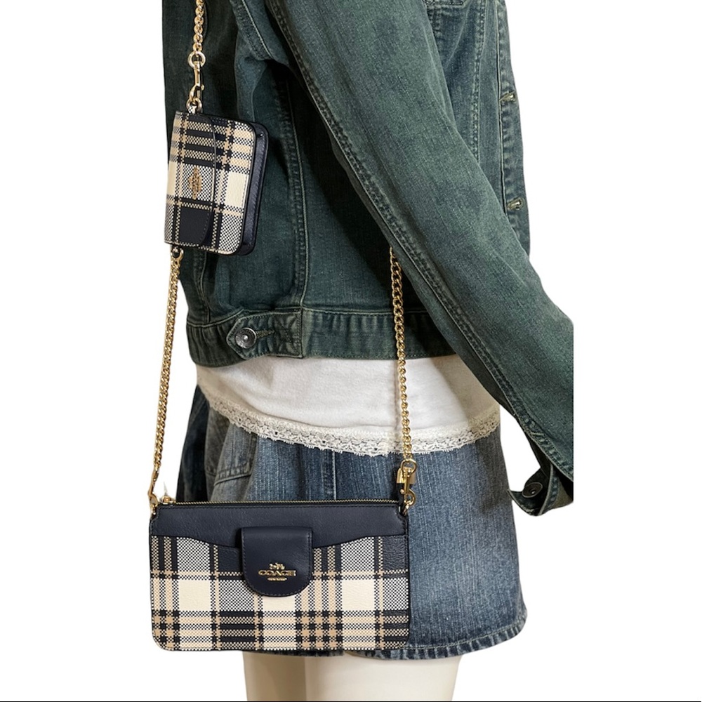 Coach Womens Crossbody Bag With Pouch Coin Bag Chain Strap Poppy Plaid Leather